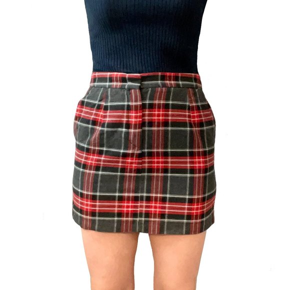 JANE BLANC PARIS M Tartan Flannel Mini Skirt Pencil Red High Waist Plaid Poket S - Picture 3 of 14